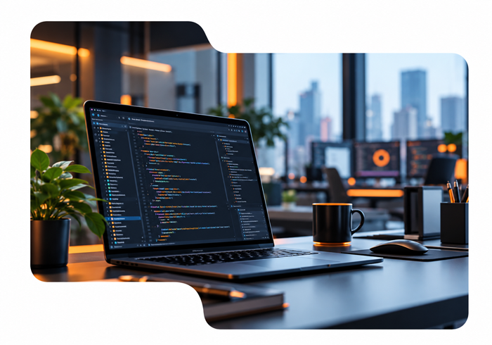 Technology workspace with mobile and desktop software