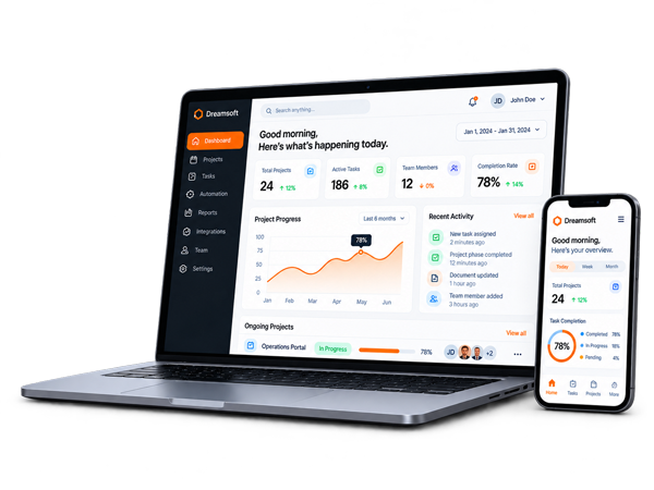 Dreamsoft workflow dashboard on a laptop and mobile phone
