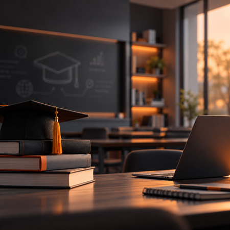 Education workspace with books and laptop